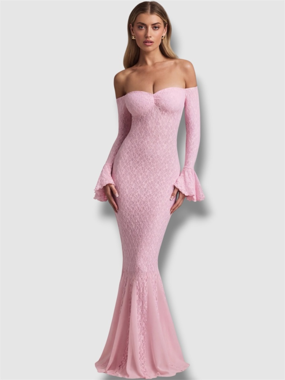 Oh Polly Verena Off-Shoulder Ruffle Lace Maxi Dress in Soft Pink - L